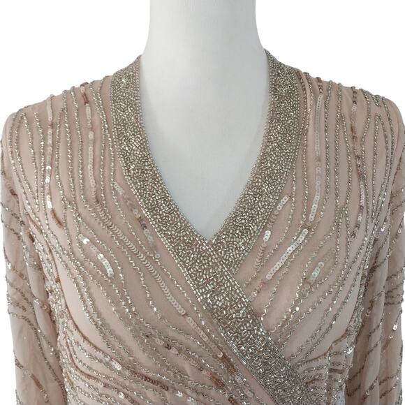 NWT@$280! JKARA! CHAMPAGNE BEIGE & ELABORATE SILBER BEADING FULL LGTH GOWN! SZ 6 - Picture 5 of 12